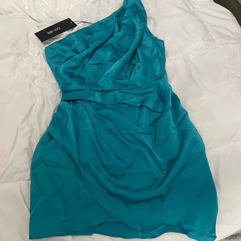 Teal one shoulder side zipper short dress